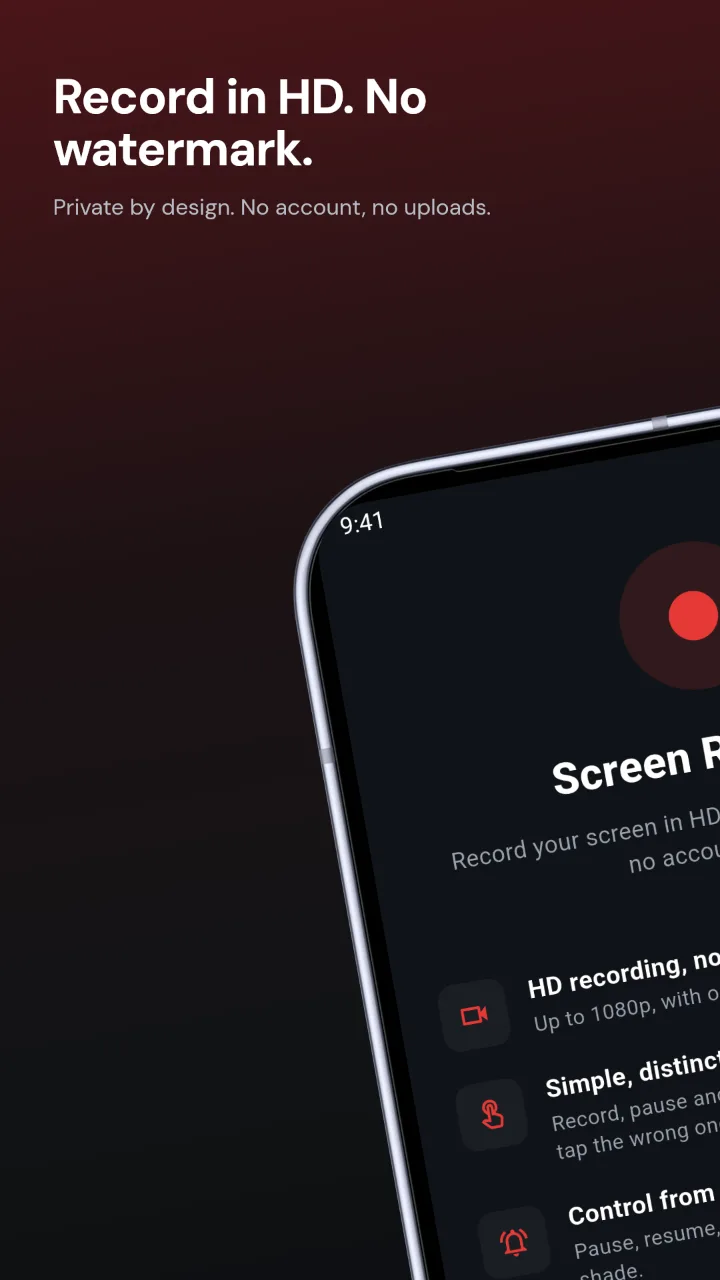 Screen Recorder: Record in HD. No watermark. Onboarding screen, left half of a panorama